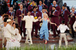 SANTA CLARA, CALIFORNIA - FEBRUARY 08: Bad Bunny and Lady Gaga perform onstage during the Apple Music Super Bowl LX Halftime Show at Levi's Stadium on February 08, 2026 in Santa Clara, California. (Photo by Thearon W. Henderson/Getty Images)